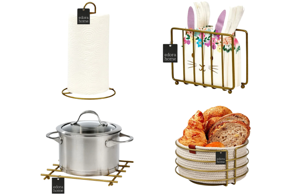 4-Piece Matte Gold Serving Set Napkin Holder Paper Towel Holder Bread Basket Trivet Stainless Metal