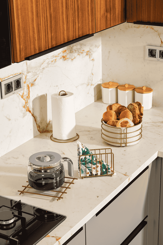 Gold 4'Lü Servis Sunum Seti, Peçetelik, Kağıt Havluluk, Ekmeklik Makrome, Nihale - Metal Paslanmaz