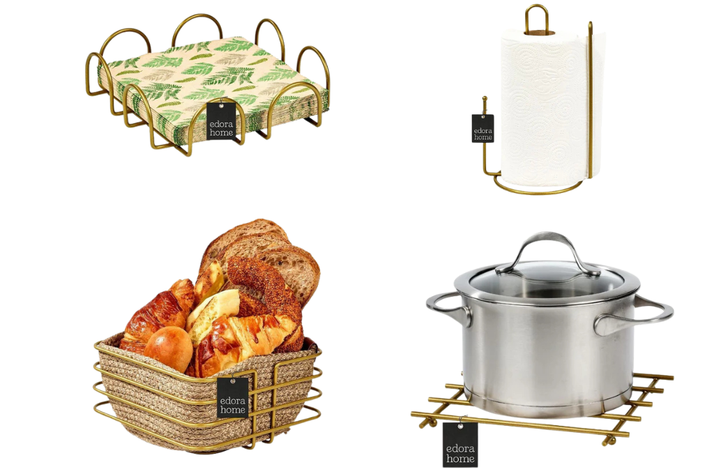 4-Piece Matte Gold Serving Set Napkin Holder, Divided Paper Towel Holder, Square Bread Basket, Trivet, Stainless Steel