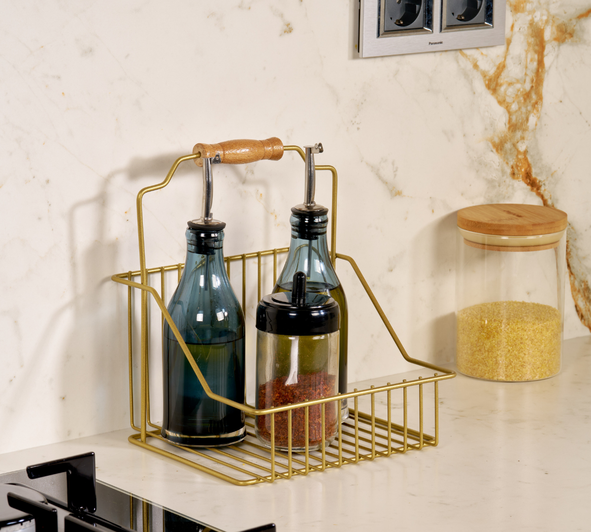 Gold Ahşap Kulplu Retro Sepet, Şık Çok Amaçlı Düzenleyici Organizer