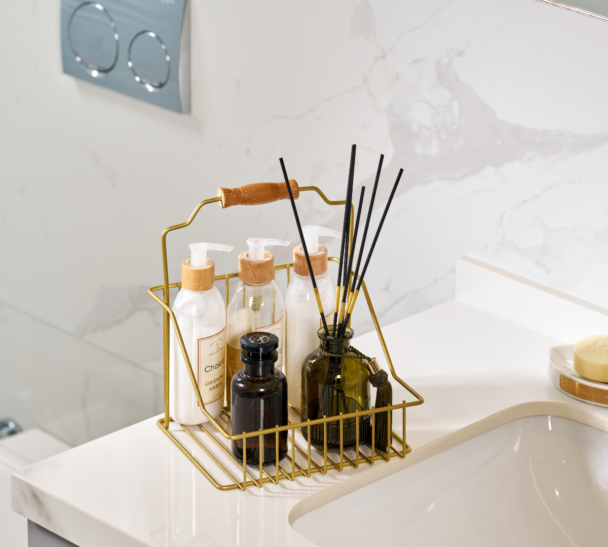 Gold Ahşap Kulplu Retro Sepet, Şık Çok Amaçlı Düzenleyici Organizer