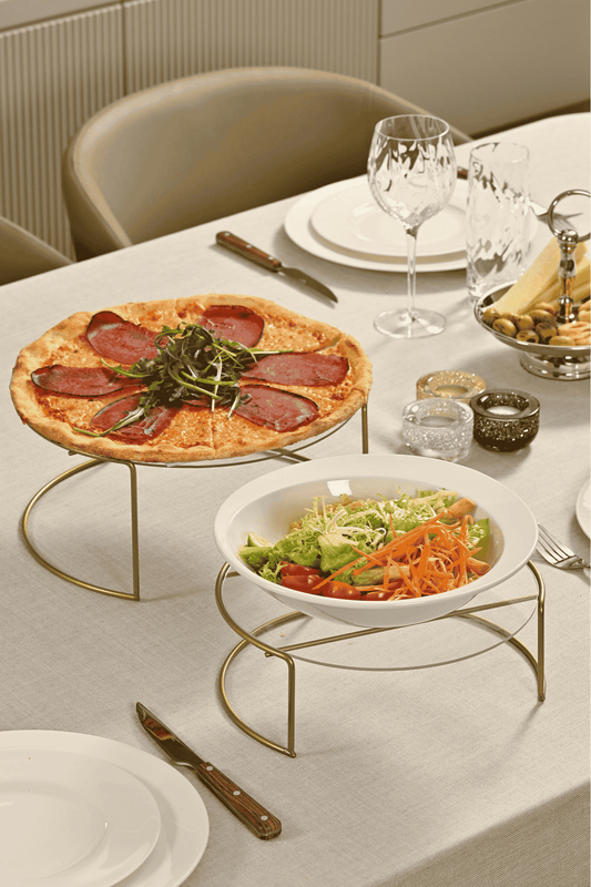 Gold renkli büyük boy 2’li metal sunumluk seti – şeffaf pleksi tabanlı zarif ve şık dekoratif ikramlık ürünü