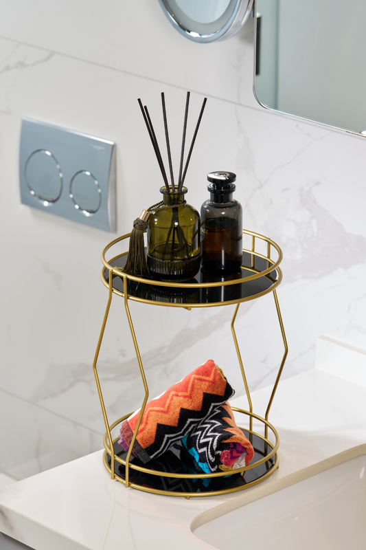 Gold İki Katlı Parfüm, Takı ve Kozmetik Düzenleyici Şık Banyo Organizeri, Pleksili