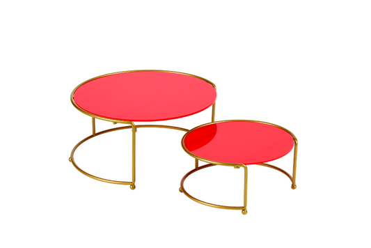 Paslanmaz gold metal küçük boy sunumluk – kırmızı pleksi tabanlı modern ve estetik tasarım