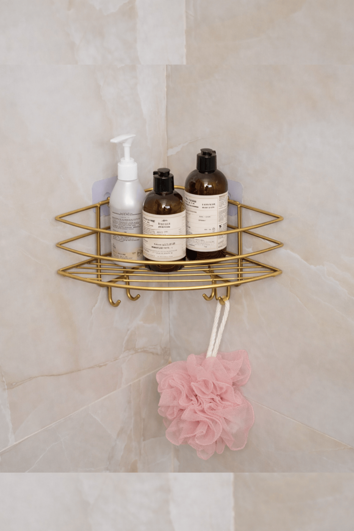 Gold Lüx Köşe Raf Organizer – Yapışkanlı Paslanmaz Metal Banyo Duş Şampuanlık, Çok Amaçlı Raf