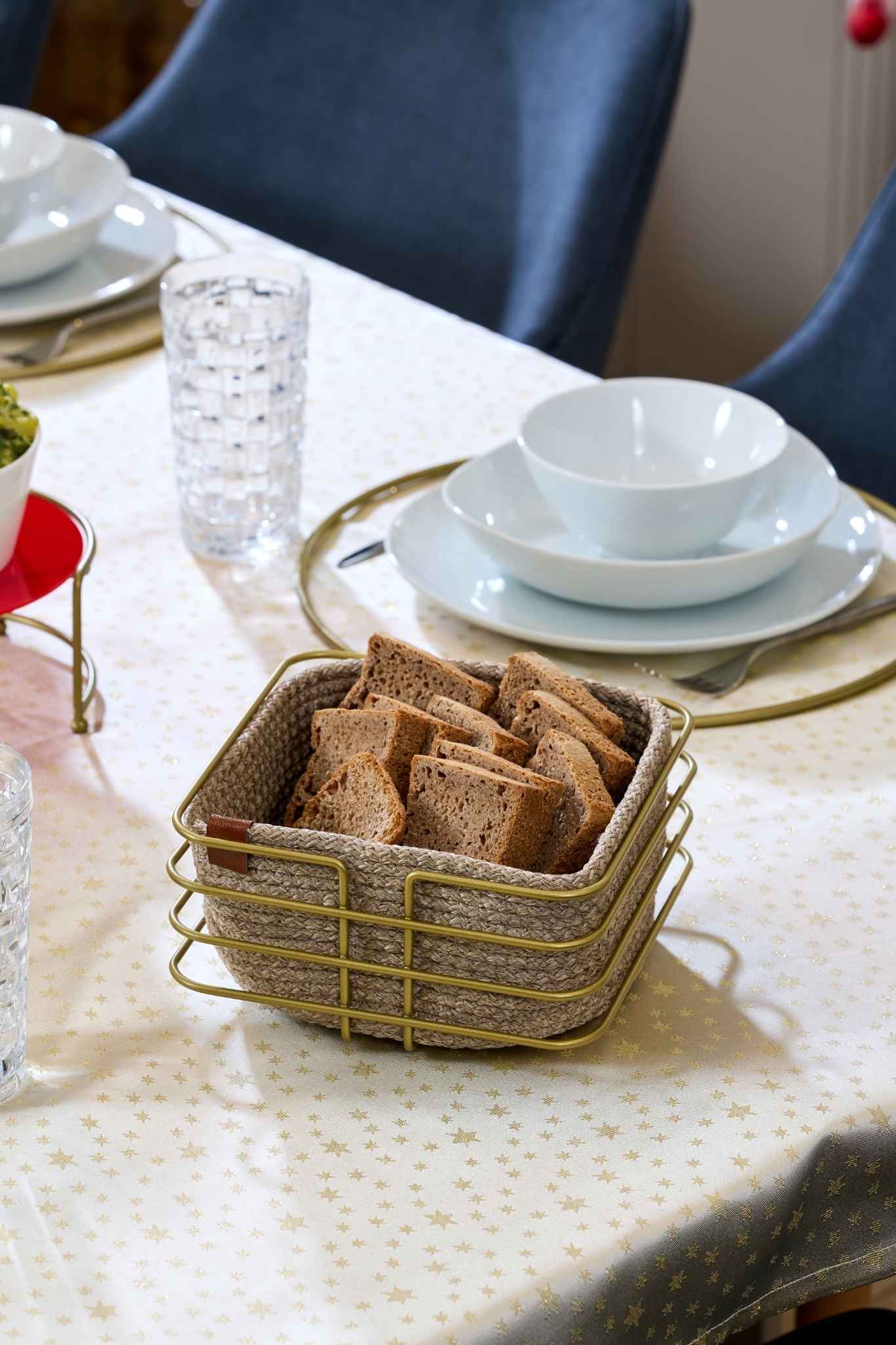 Gold Oval Cornered Square Bread Basket Stylish,Bread Basket Wicker Knitted Macrame-Multipurpose Metal Stainless