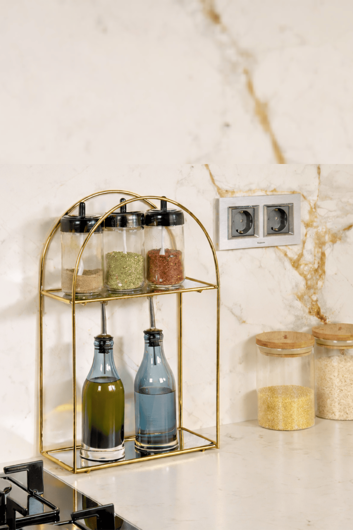 Gold Renk Ayna Pleksili 2 Katlı Çok Amaçlı Düzenleyici & Sunum ve İkram Standı & Parfüm Standı