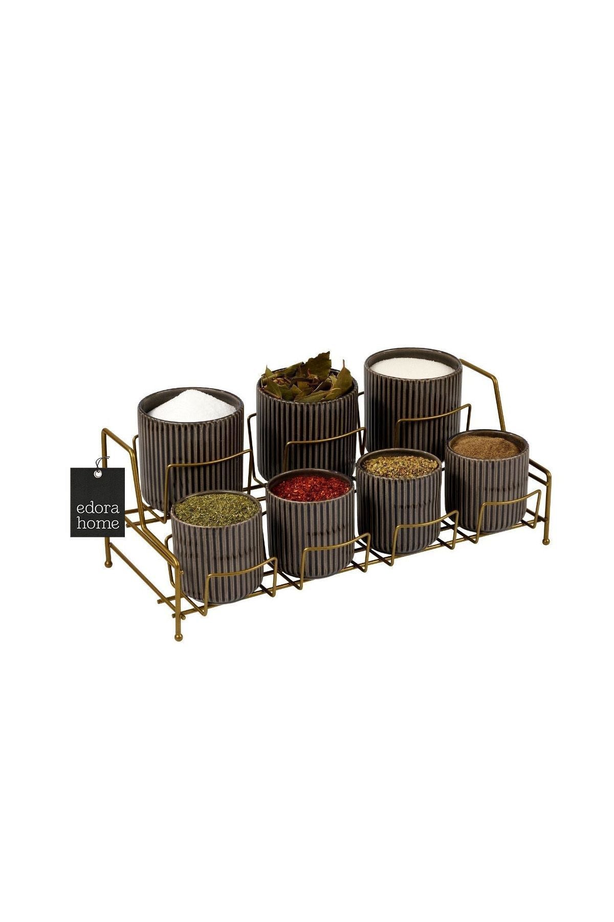 Mat Gold Standlı 7 Bölmeli Porselen Baharatlık Takımı Bambu Kapaklı Mutfak Organizer
