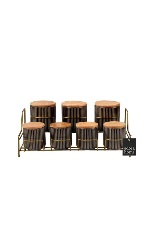 Gold Standlı 7 Bölmeli Porselen Baharat Takımı Bambu Kapaklı Mutfak Düzenleyici - Metal Paslanmaz