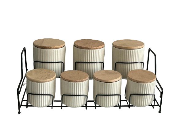 Siyah Standlı 7 Bölmeli Beyaz Porselen Baharat Takımı Bambu Kapaklı Mutfak Düzenleyici - Metal Paslanmaz