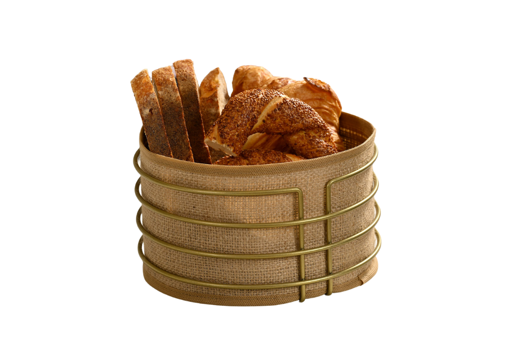 Gold Round Bread Basket Jute Fabric Cloth, Colorful Presentation Basket Bread Holder - Multipurpose Metal Stainless