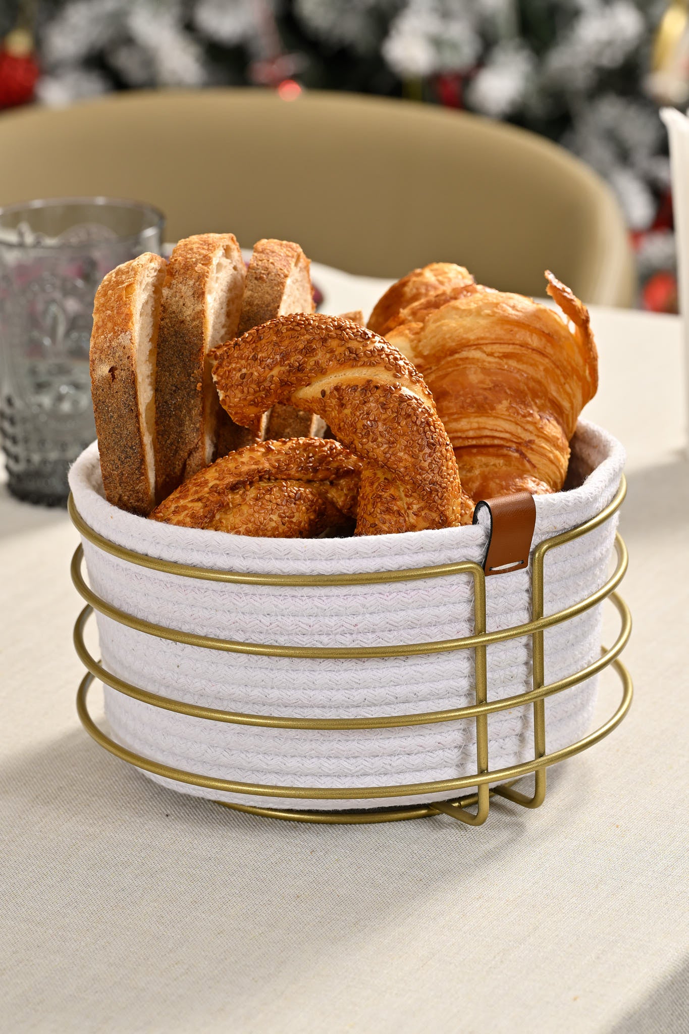Gold Round Bread Basket Stylish,Bread Basket Wicker Knitted Macrame-Multipurpose Metal Stainless
