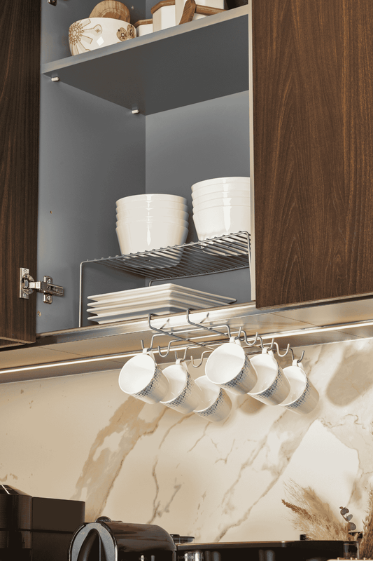 Gümüş 10'Lu Dolap Ve Raf Altı Portatif Bardak Askılığı, Kupa, Fincan Düzenleyici - Metal Paslanmaz