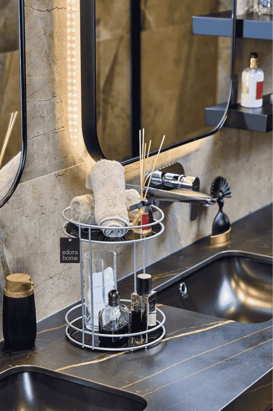 Gümüş 2 Katlı Banyo Organizer Düzenleyici Servis Sunum İkramlık Pleksili - Metal Paslanmaz