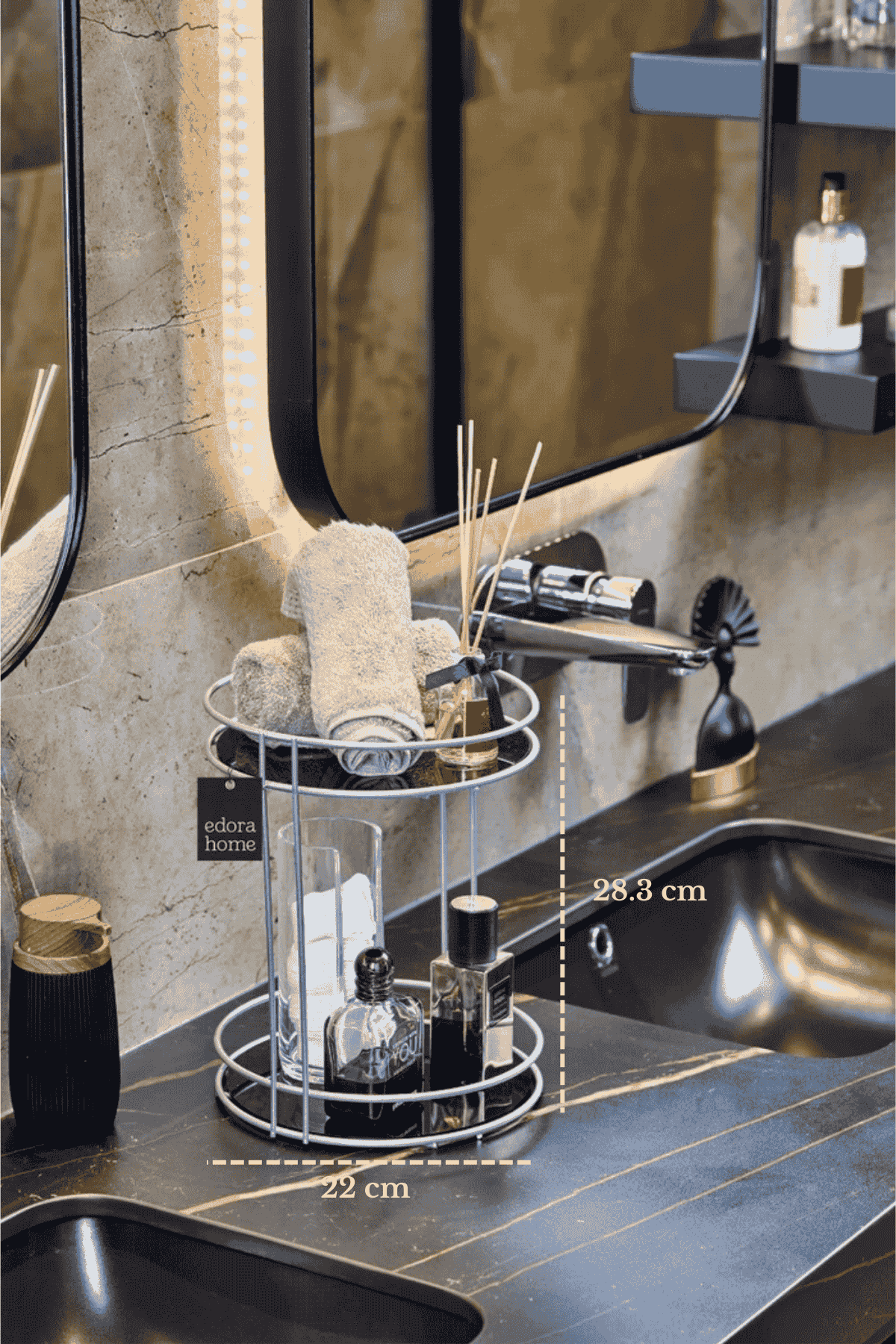 Mat Gümüş 2 Katlı Banyo Organizer Kozmetik Takı Parfüm Düzenleyici Pleksili Paslanmaz Metal