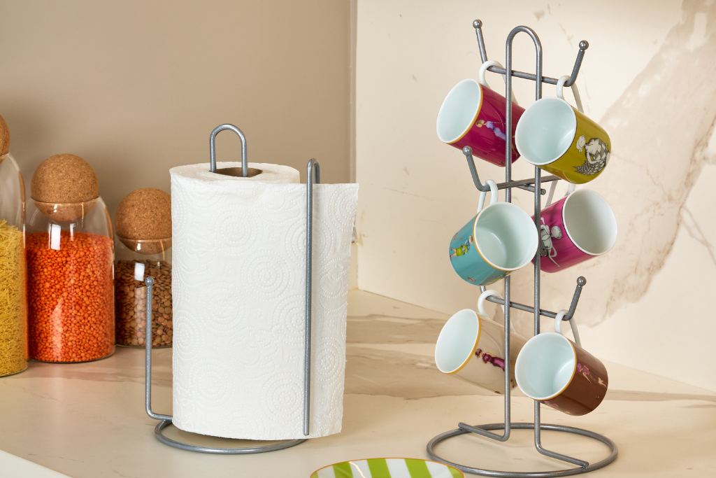 2-Piece Matte Silver Kitchen Organizer Set, with Divider Paper Towel Holder and 6-Compartment Mug Rack, Stainless Metal