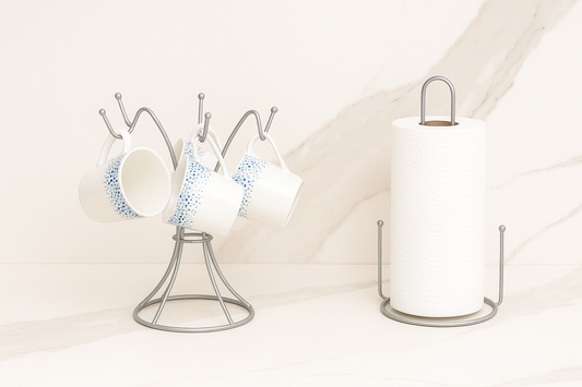 Gümüş 2'Li Mutfak Organizer Set Kağıt Havluluk Ve Dikey 6 Kancalı Bardaklık