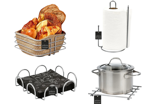 Gümüş 4'Lü Servis Sunum Seti, Peçetelik, Kağıt Havluluk, Ekmeklik Makrome, Nihale - Metal Paslanmaz