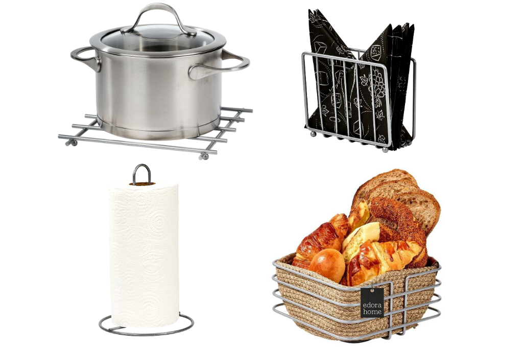 4-Piece Matte Silver Serving Set Napkin Holder Paper Towel Holder Bread Basket Trivet Stainless Metal