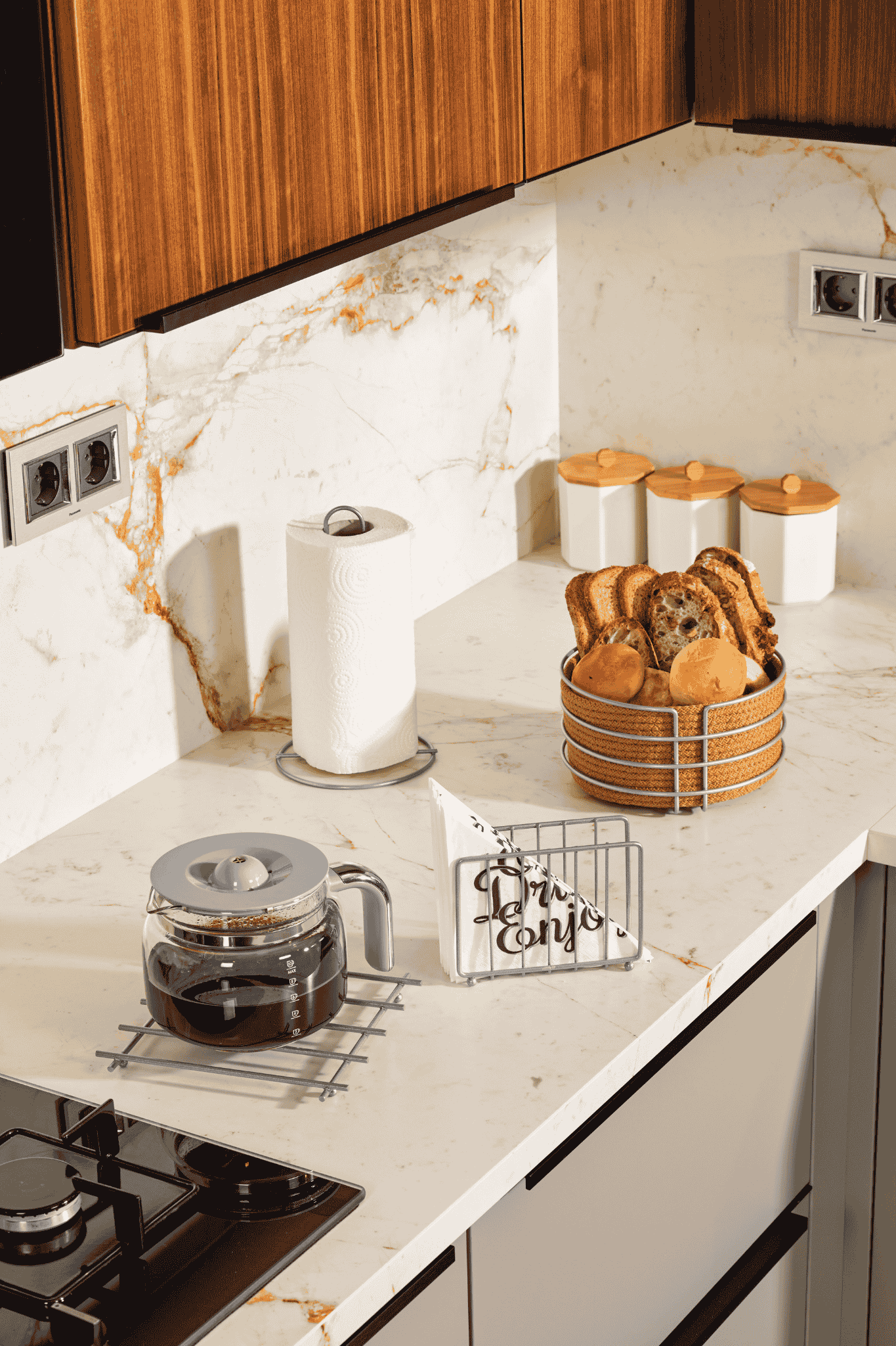 4-Piece Matte Silver Serving Set Napkin Holder Paper Towel Holder Bread Basket Trivet Stainless Metal