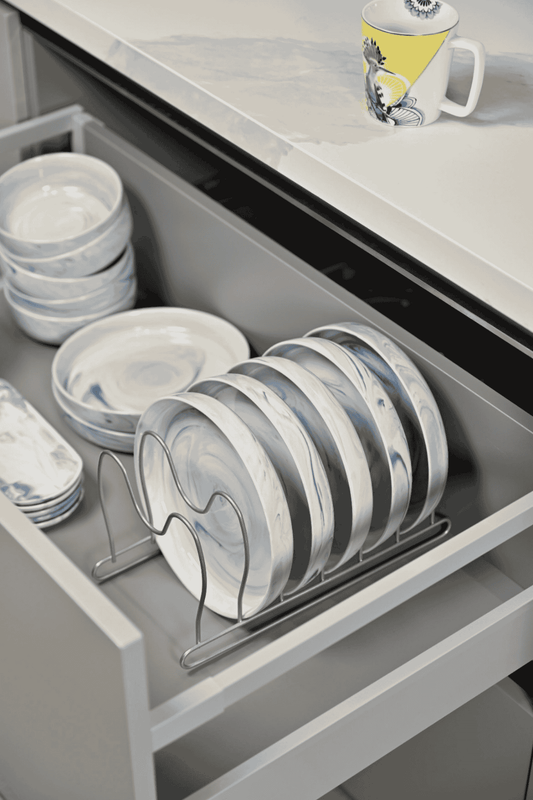 Gümüş 6 Bölmeli Tava, Tabak Ve Tencere Kapak Düzenleyici Raf, Çekmece Organizeri - Metal Paslanmaz