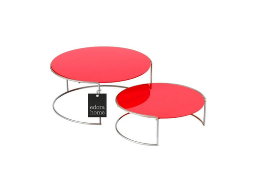 Gümüş renkli metal ikili sunumluk, kırmızı pleksi detaylarıyla şık bir pasta servis seti.