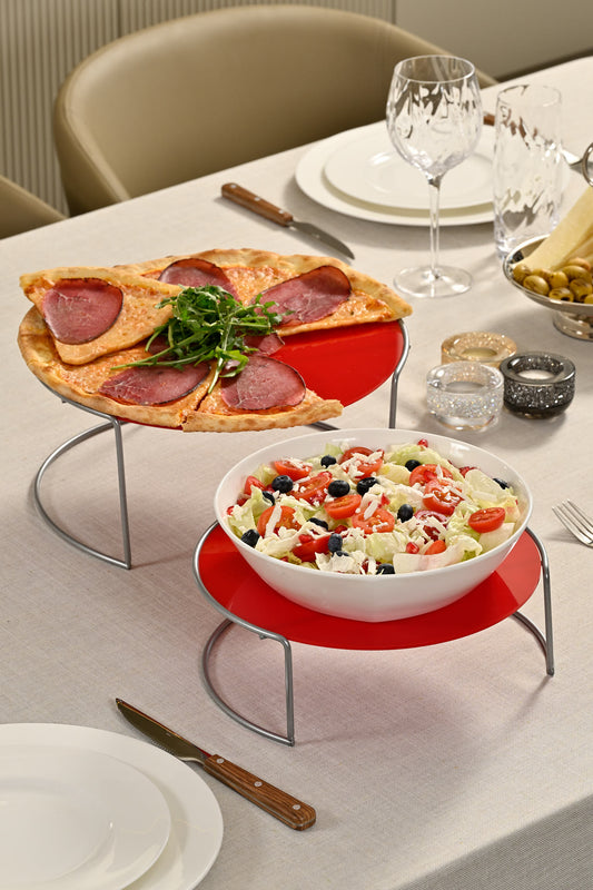 Paslanmaz çelikten üretilmiş büyük boy ikili sunumluk, zarif kırmızı pleksi katlarla.