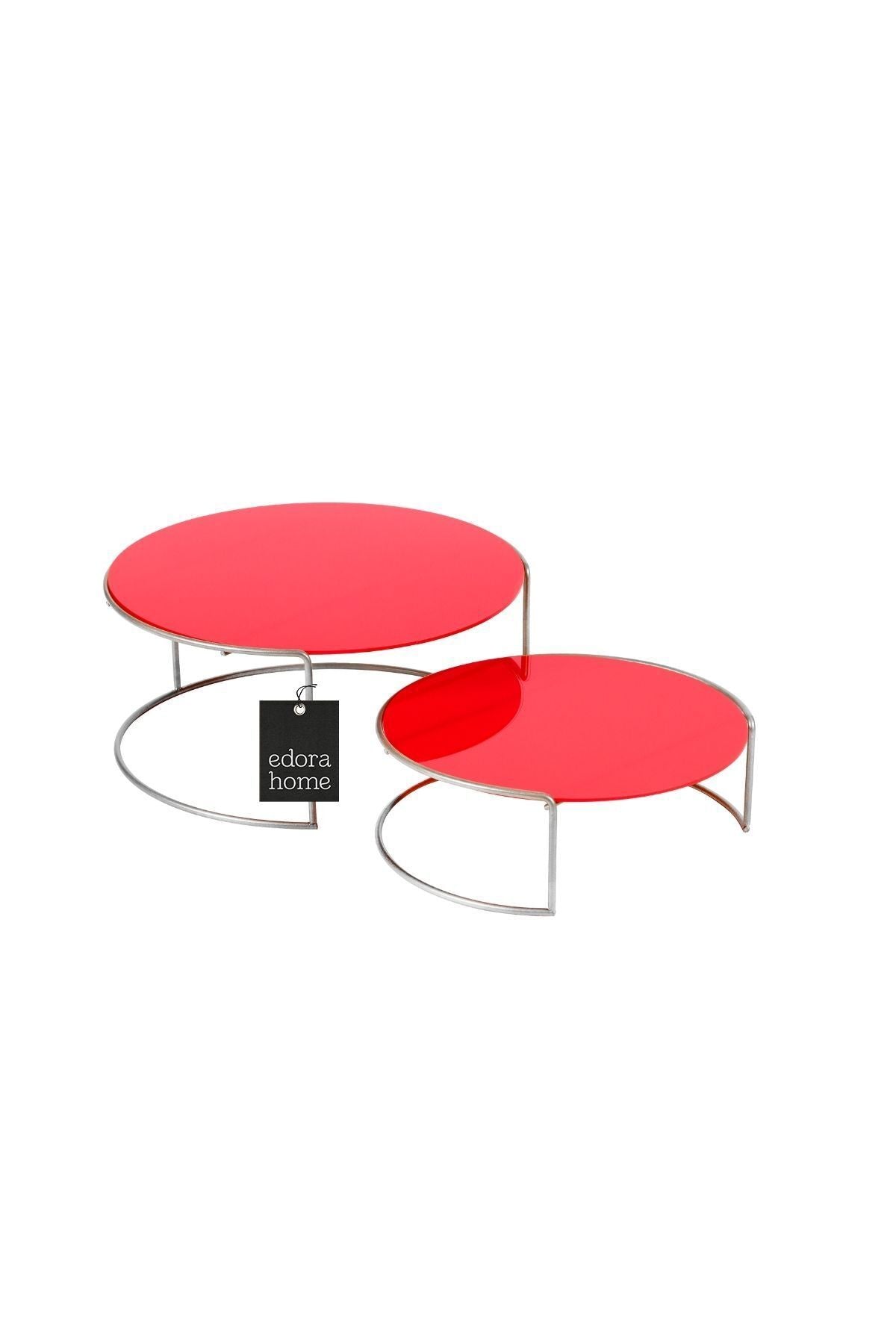 2-Piece Matte Silver Large Metal Serving Tray with Red Plexiglass