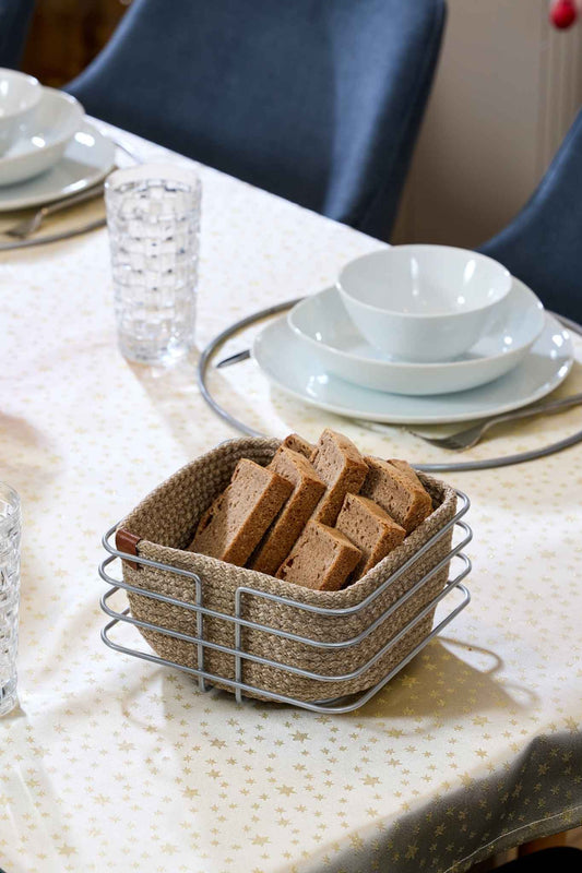 Gümüş Paslanmaz Oval Köşeli Kare Ekmek Sepeti Makrome - Çok Amaçlı Metal