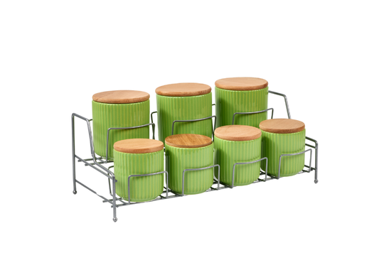 Gümüş Standlı 7 Bölmeli Porselen Baharat Takımı Bambu Kapaklı Mutfak Düzenleyici - Metal Paslanmaz