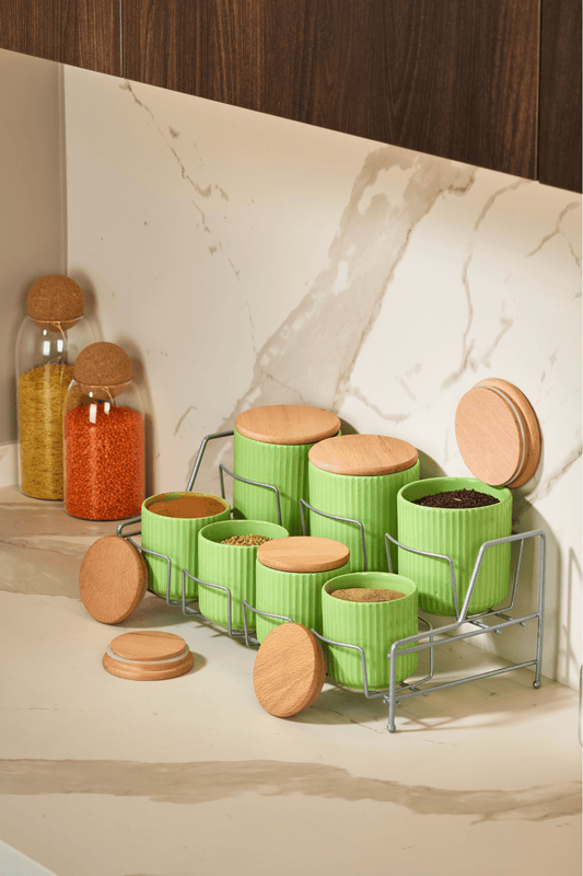 Gümüş Standlı 7 Bölmeli Porselen Baharat Takımı Bambu Kapaklı Mutfak Düzenleyici - Metal Paslanmaz