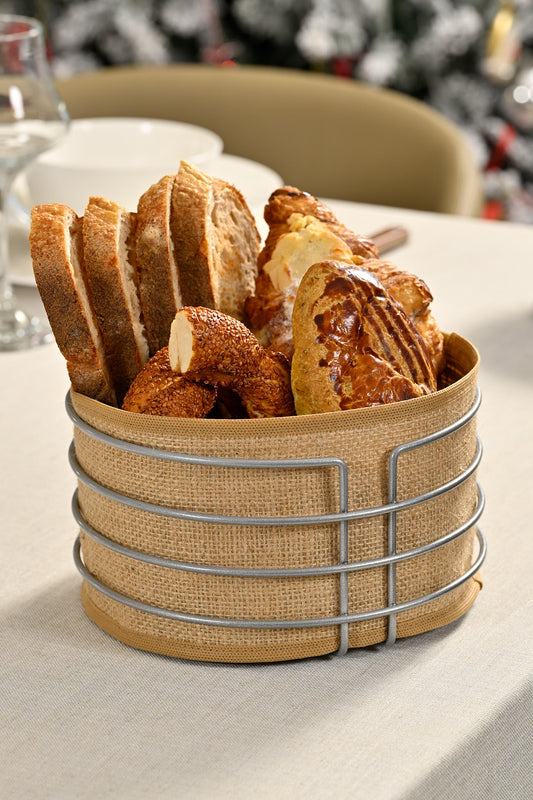 Gümüş Yuvarlak Ekmek Sepeti Jüt Kumaş Bezi, Renkli Sunum Sepet Ekmeklik - Çok Amaçlı Metal Paslanmaz