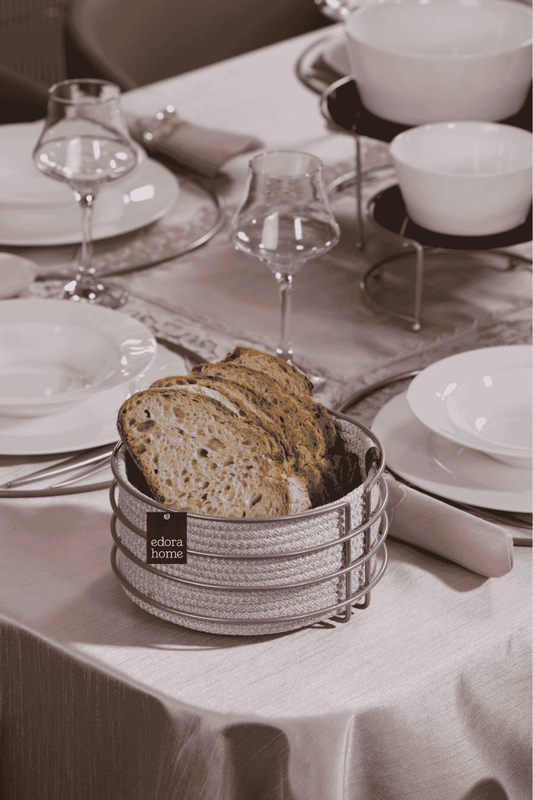 Gümüş Yuvarlak Ekmek Sepeti Şık, Ekmeklik Hasır Örmeli Makrome - Çok Amaçlı Metal Paslanmaz