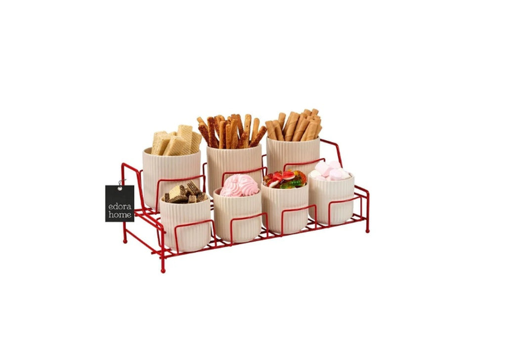 Kırmızı Standlı 7 Bölmeli Porselen Şık Baharatlık Takımı Bambu Kapaklı