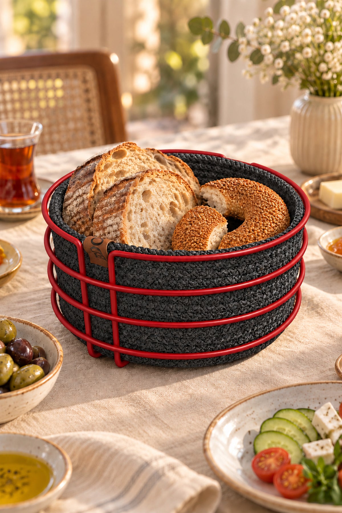 Kırmızı Yuvarlak Ekmek Sepeti, Ekmeklik Sunum Sepeti, Antrasit Gri Makrome Çok Amaçlı Paslanmaz Metal