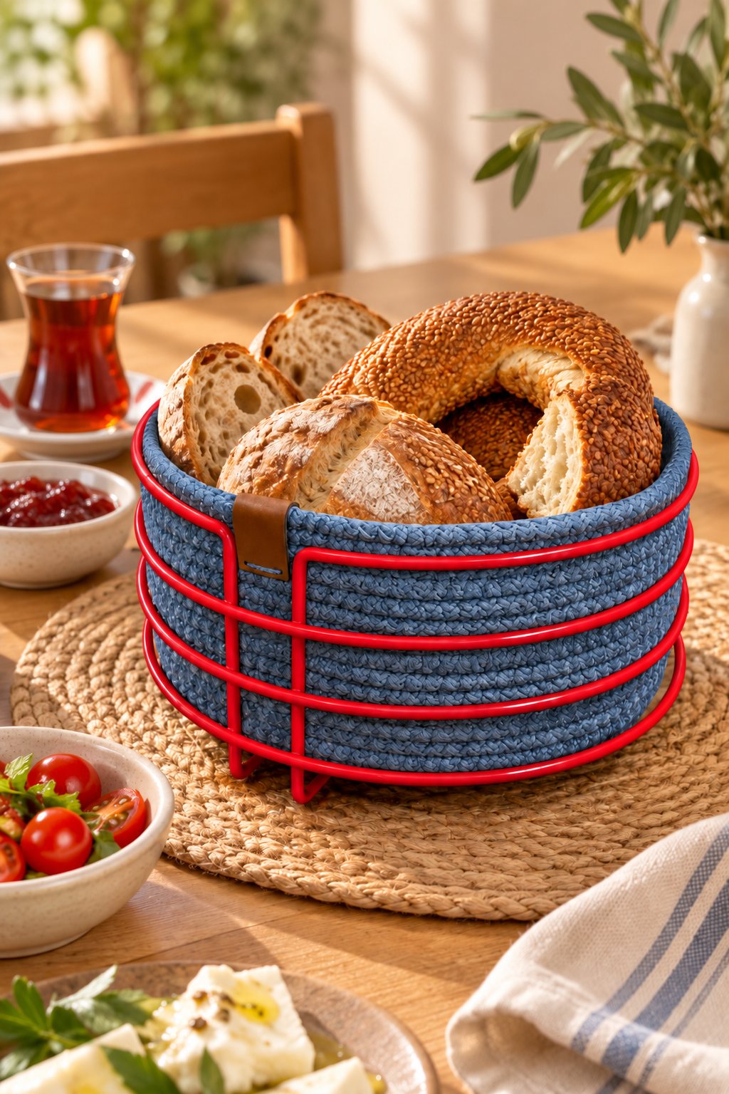 Kırmızı Yuvarlak Ekmek Sepeti, Ekmeklik Sunum Sepeti, Turkuaz Makrome Çok Amaçlı Paslanmaz Metal