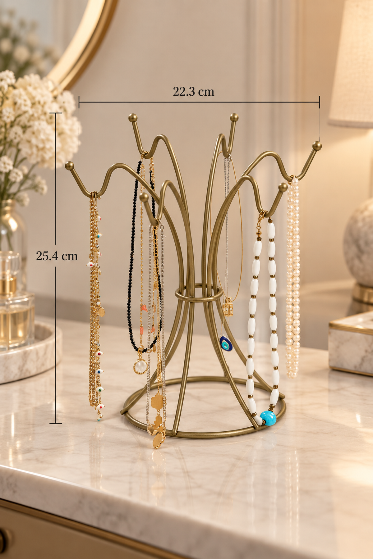 Matte Gold Jewelry Stand Necklace Bracelet Rosary Holder Organizer Stainless Metal