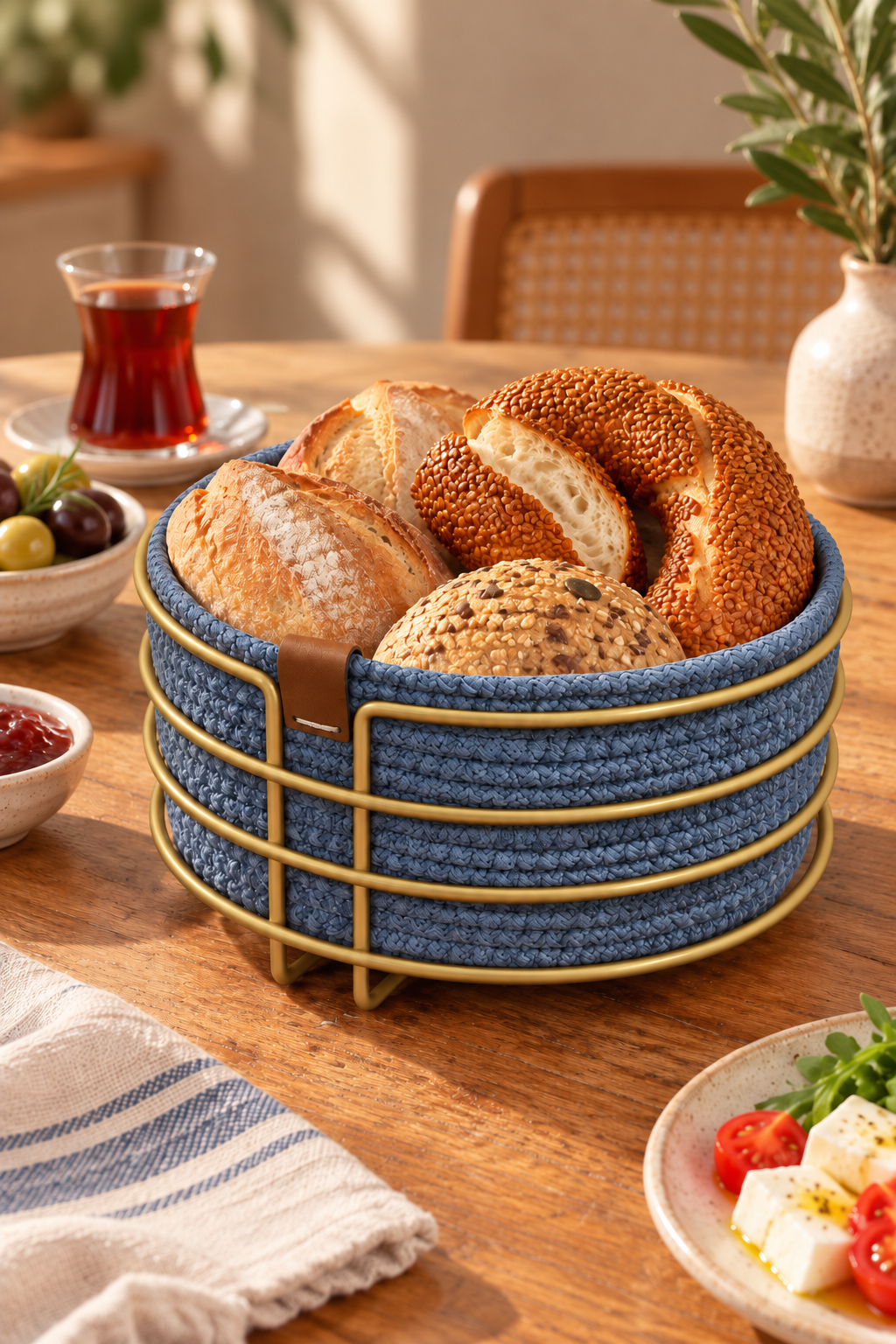 Mat Gold Yuvarlak Ekmek Sepeti, Ekmeklik Sunum Sepeti, Turkuaz Makrome Çok Amaçlı Paslanmaz Metal