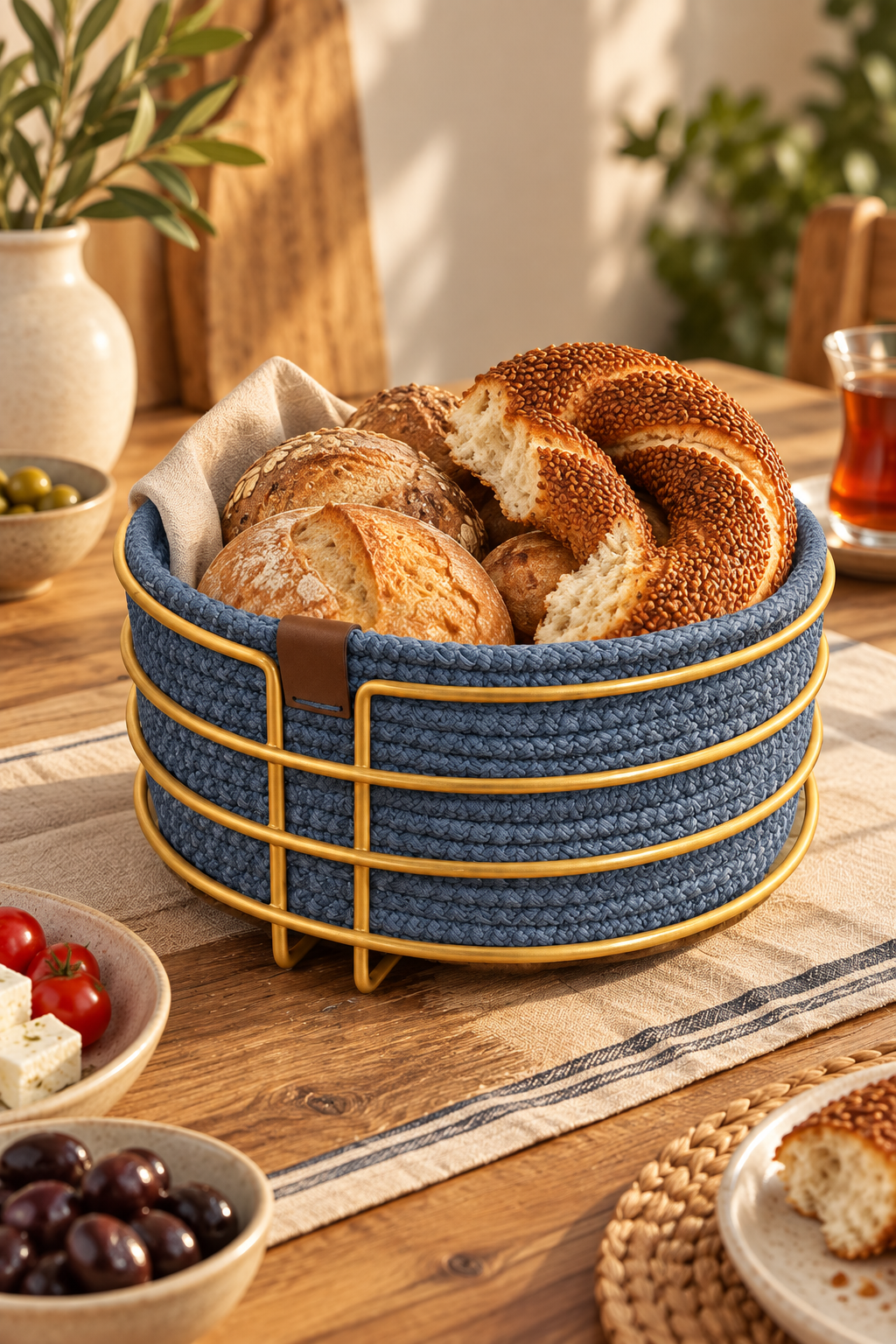 Mat Gold Yuvarlak Ekmek Sepeti, Ekmeklik Sunum Sepeti, Turkuaz Makrome Çok Amaçlı Paslanmaz Metal