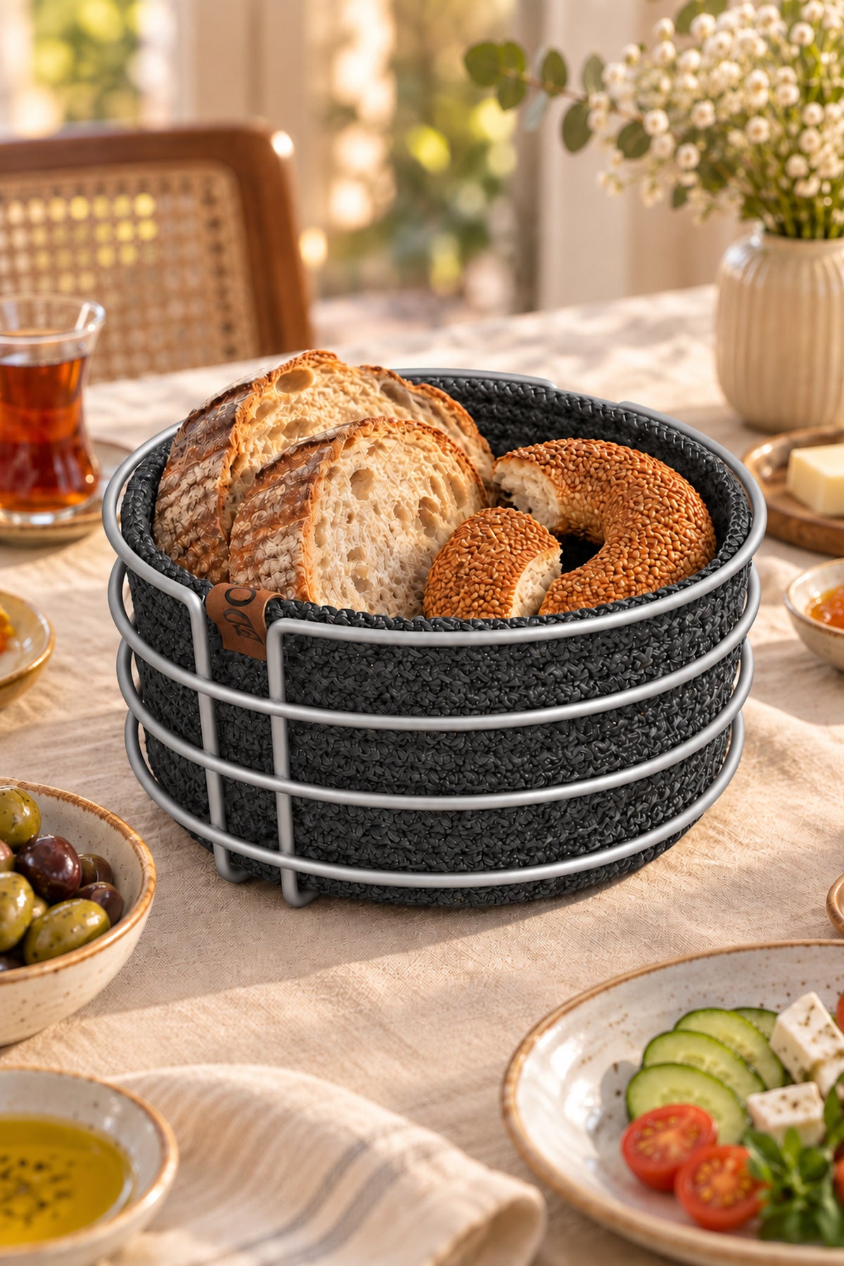 Mat Gümüş Yuvarlak Ekmek Sepeti, Ekmeklik Sunum Sepeti, Antrasit Gri Makrome Çok Amaçlı Paslanmaz Metal
