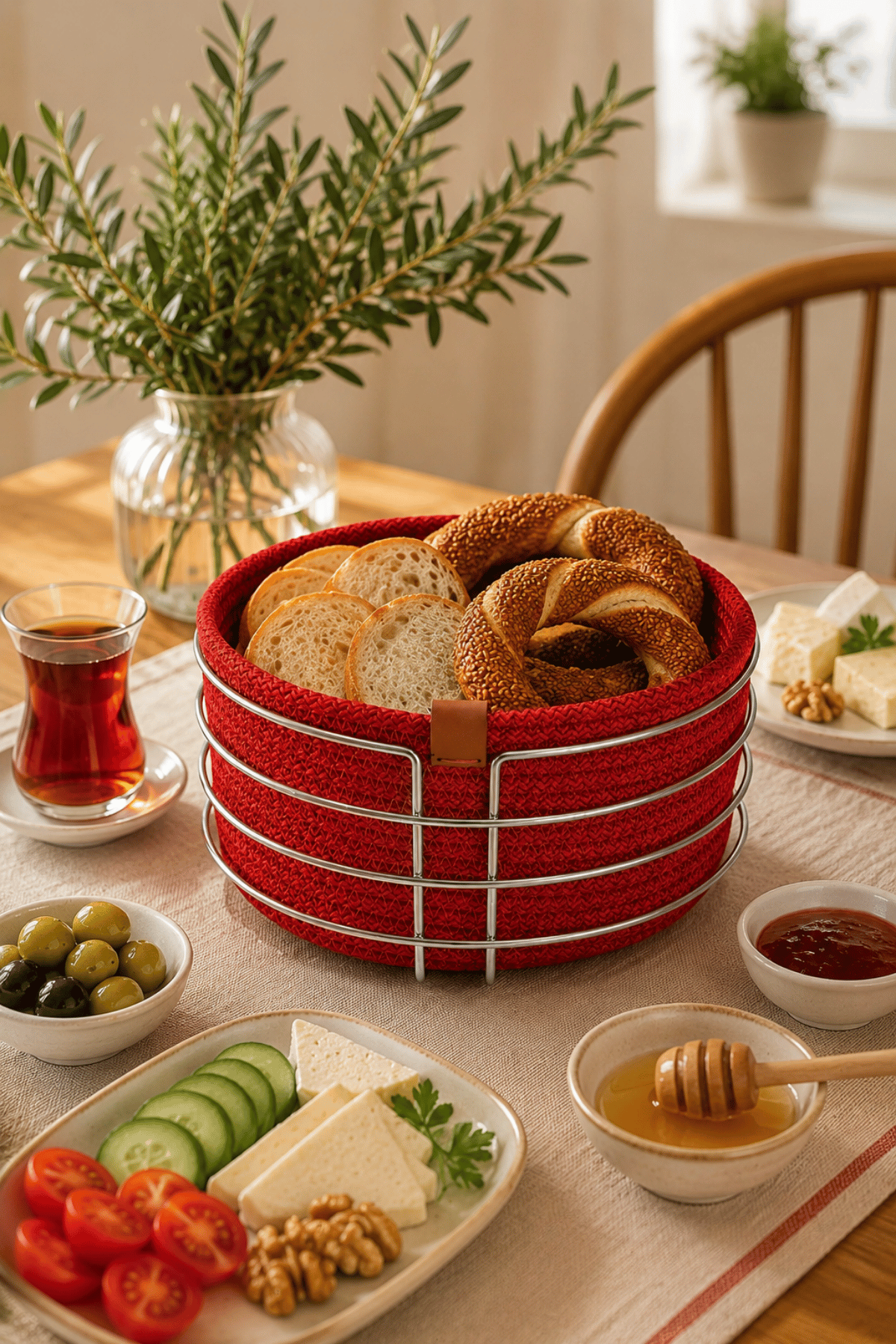 Mat Gümüş Yuvarlak Ekmek Sepeti, Ekmeklik Sunum Sepeti, Kırmızı Makrome Çok Amaçlı Paslanmaz Metal