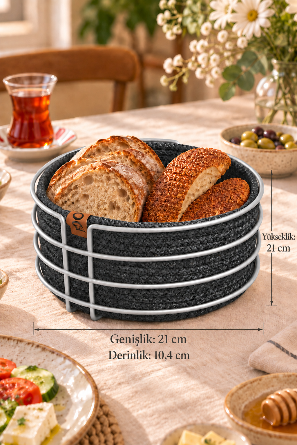 Mat Gümüş Yuvarlak Metal Ekmek Sepeti, Antrasit Gri Makromeli, Ekmeklik ve Kahvaltı Sunum Sepeti