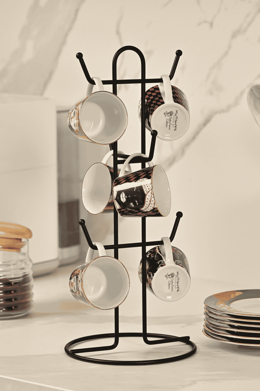 Mat Siyah 6 Bölmeli Bardak Askılık,Kupa,Fincan Kancalı Mutfak Tezgah Üstü Düzenleyici-Metal Paslanmaz