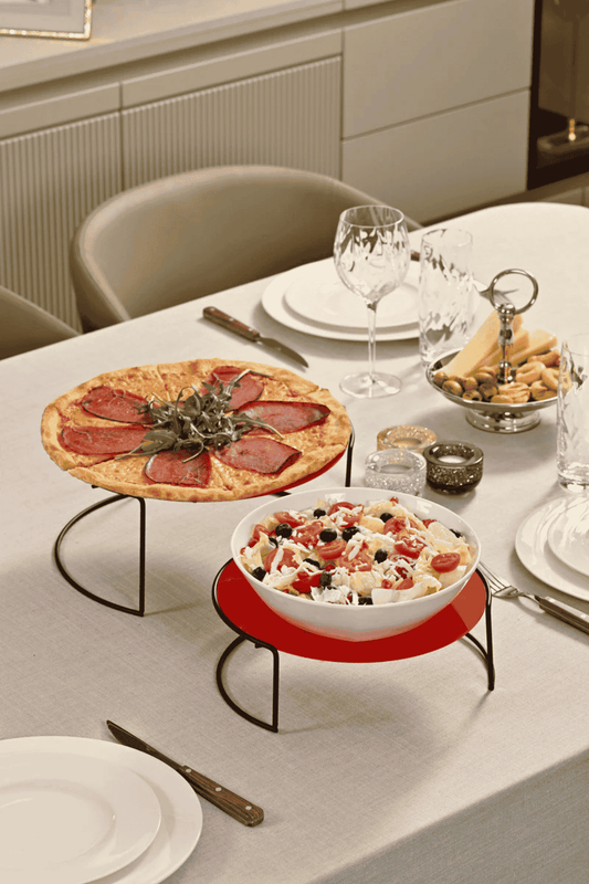 Mat Siyah Büyük Boy Sunumluk 2'Li Metal Hediyelik Dekorasyon İkramlık /Kırmızı Pleksi / Paslanmaz