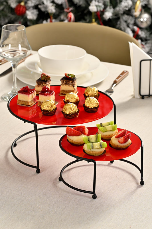 Mat Siyah Küçük Boy Sunumluk 2'Li Metal Hediyelik Dekorasyon İkramlık /Kırmızı Pleksi / Paslanmaz