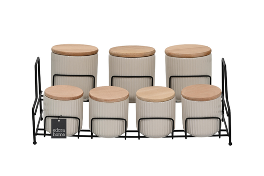 Mat Siyah Standlı 7 Bölmeli Porselen Baharat Takımı Bambu Kapaklı Mutfak Düzenleyici - Metal Paslanmaz