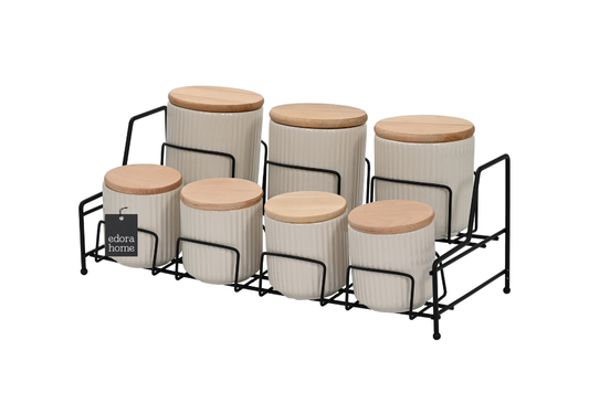 Mat Siyah Standlı 7 Bölmeli Porselen Baharat Takımı Bambu Kapaklı Mutfak Düzenleyici - Metal Paslanmaz