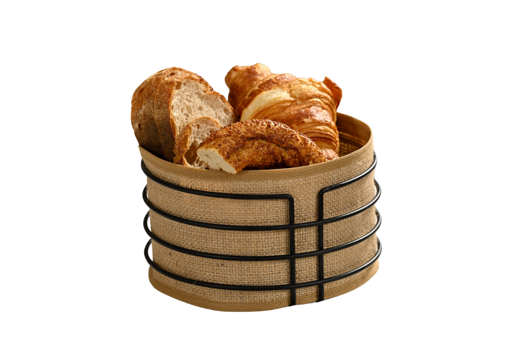 Matte Black Round Bread Basket with Jute Coffee Fabric Liner, Colorful Presentation Basket Bread Bin - Multi-Purpose Metal Stainless Steel
