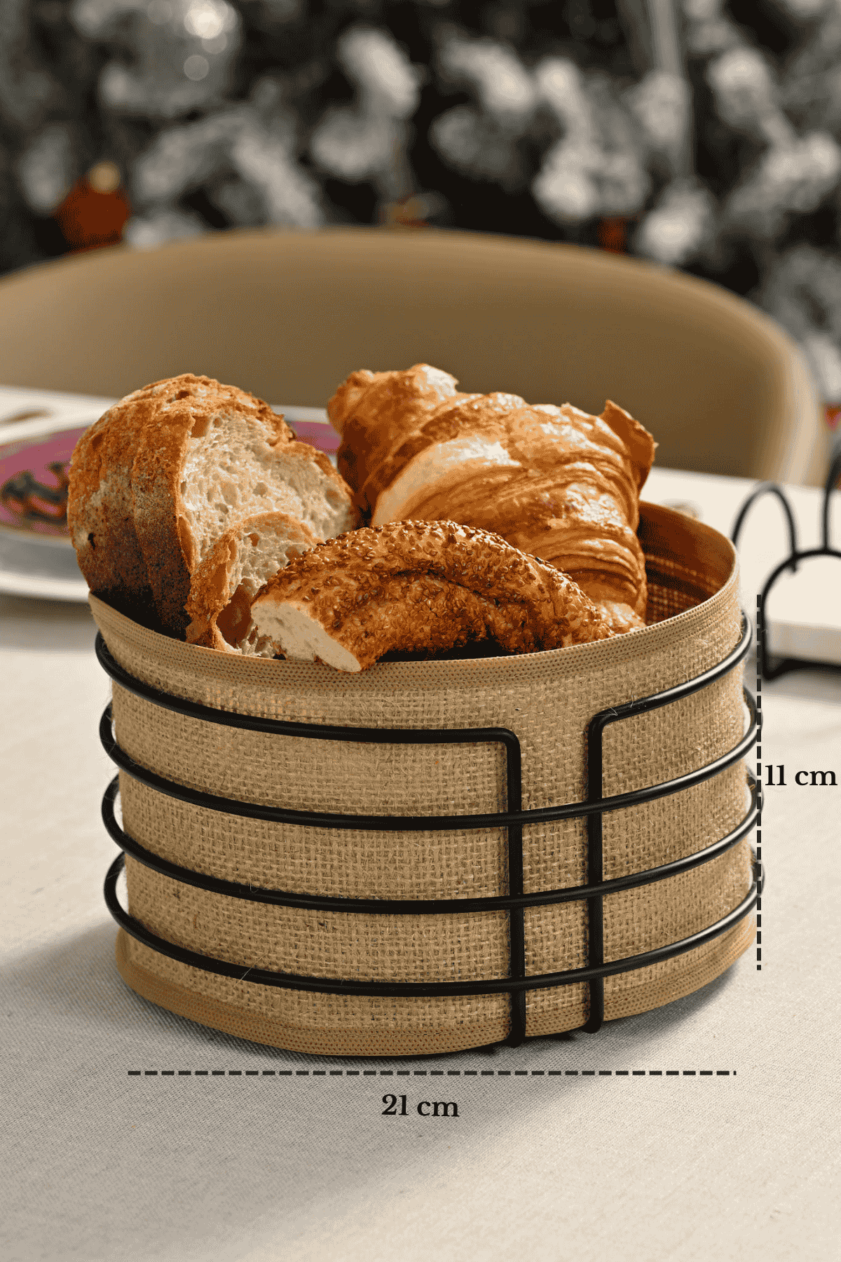 Matte Black Round Bread Basket with Jute Coffee Fabric Liner, Colorful Presentation Basket Bread Bin - Multi-Purpose Metal Stainless Steel