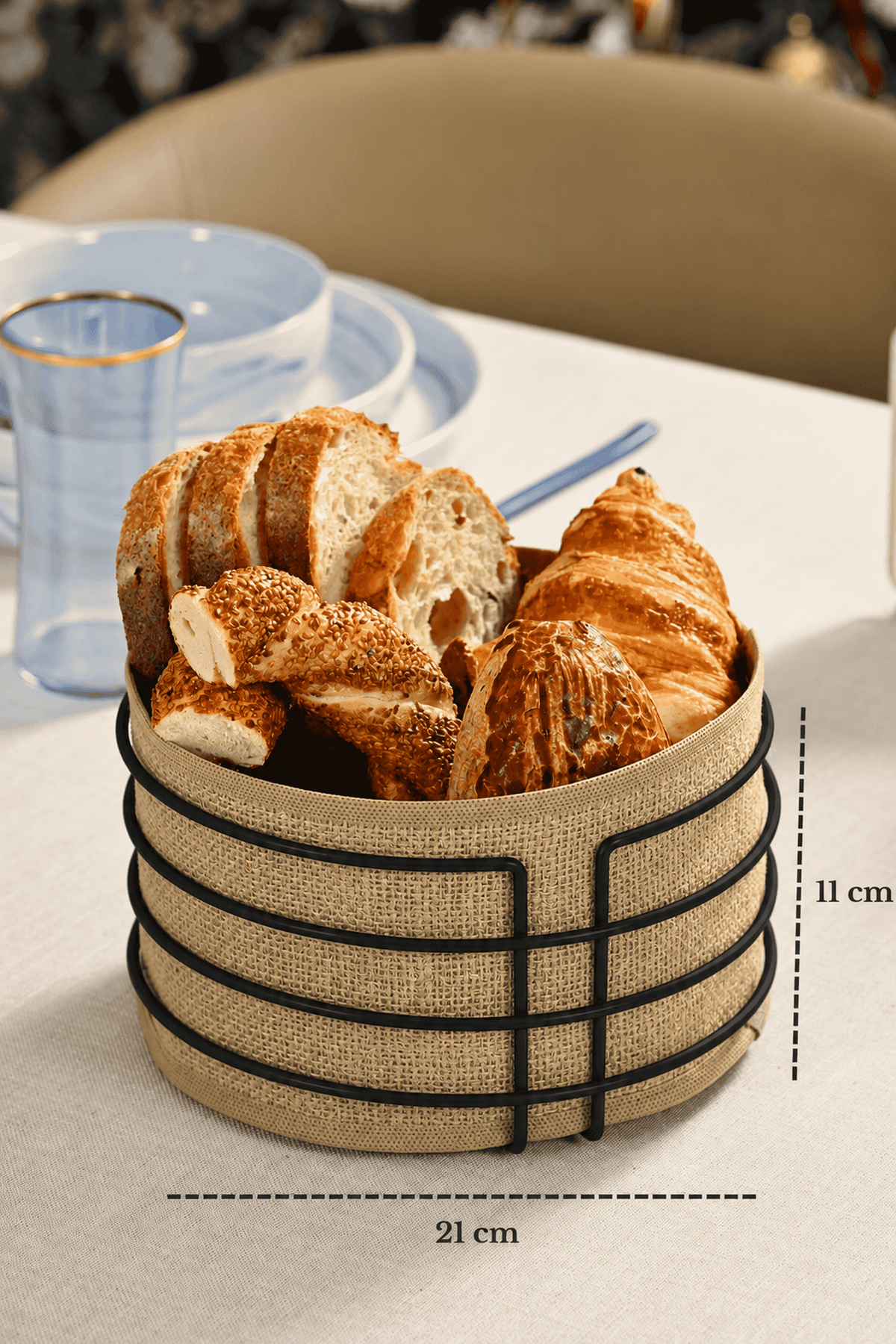 Matte Black Round Bread Basket with Jute Coffee Fabric Liner, Colorful Presentation Basket Bread Bin - Multi-Purpose Metal Stainless Steel